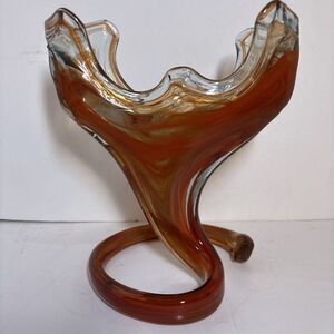 Hand Blown Orange Swirl Glass Art Coiled Base Vase Vintage Sculpture 8 Inches